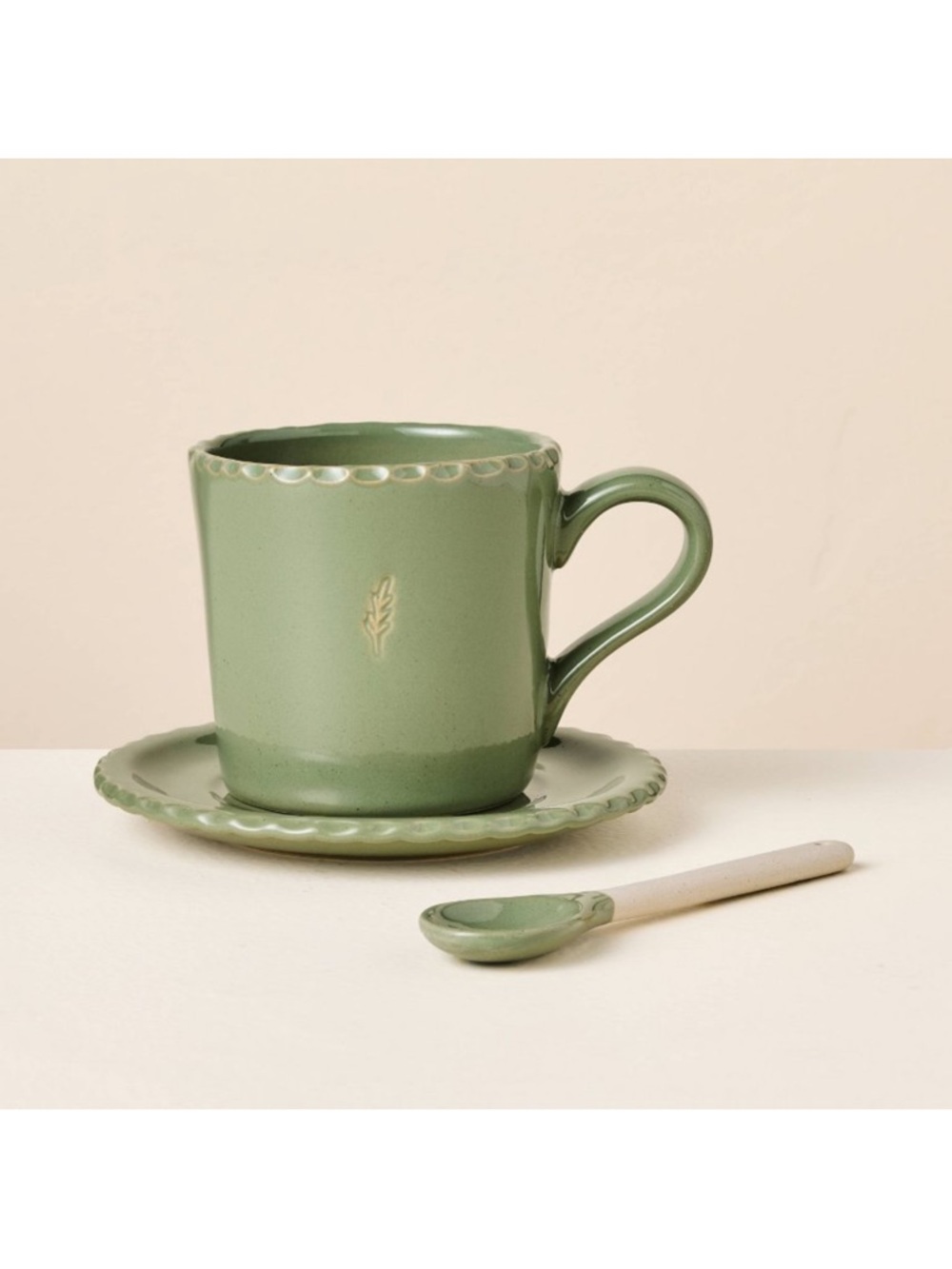 Pinched Edge Teacup with Saucer and Spoon Green Hearth & Hand with Magnolia NEW